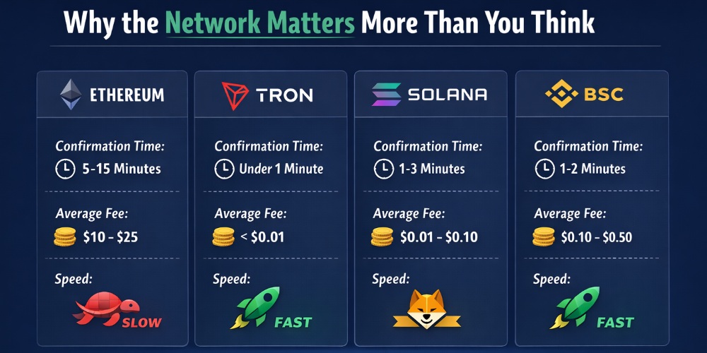 Comparison chart of Ethereum, Tron, Solana, and BSC networks showing confirmation times, average fees, and transaction speeds.
