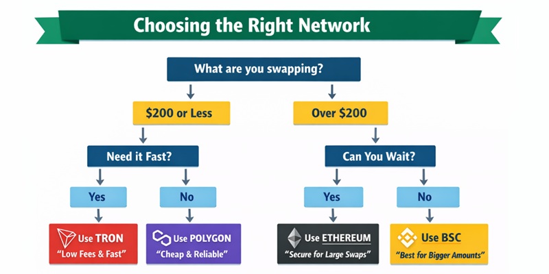 Flowchart for choosing a blockchain network based on swap amount and speed needs, recommending Tron, Polygon, Ethereum, or BSC.